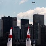 Paul Bonhomme of Great Britain in action on the Hudson River during the Red Bull Air Race New York Training Day yesterday.